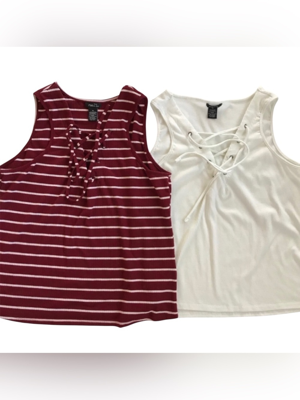 Rue21 XL Ribbed Tank Tops Tie Front White & Burgundy Stripe Bundle